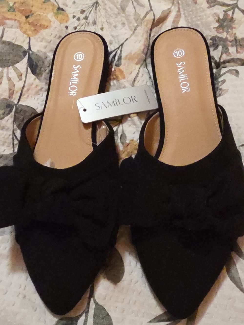 New, Samilor Black Pointed-Toe Bow Mules - Women's Flats.